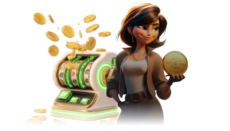 Веселый персонаж рядом с золотым игровым автоматом Играйте в лучшие слоты на Bet4Win