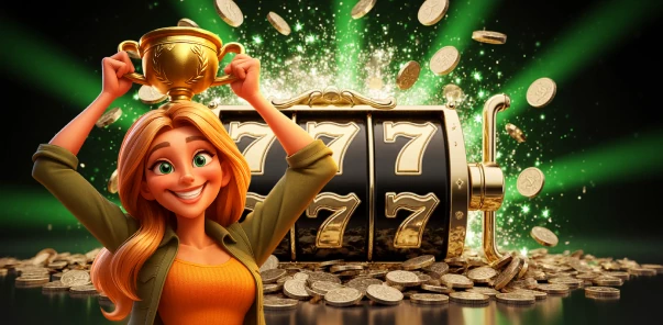 Рука нажимает на рычаг слота с семерками и монетами Получи большой выигрыш на Bet4Win